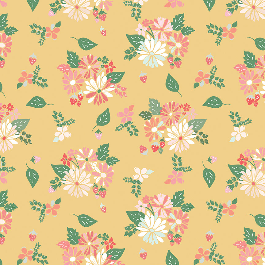 Clover Farm - Main - Yellow - pink & white floral on gold