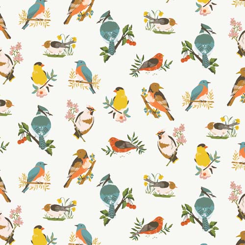Winged Medley - Birds - Cloud- Perched birds on off white