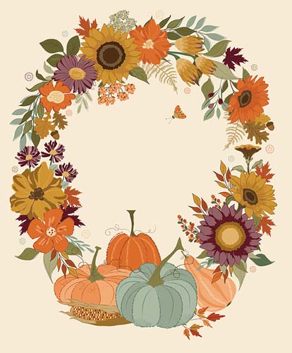 The Awe of Autumn - PANEL 1yd.- Cream - Large floral wreath on cream (146)