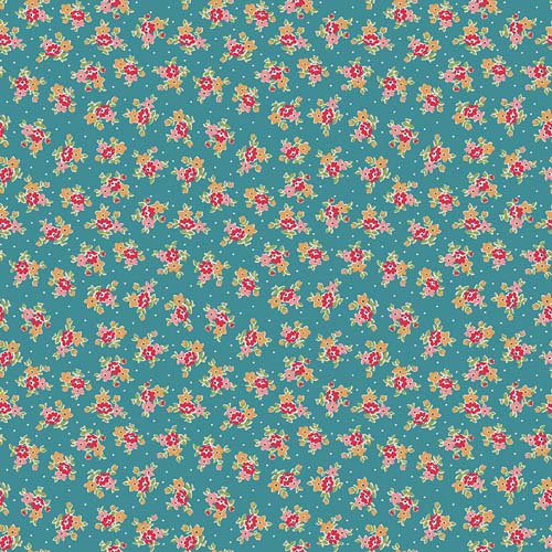 Farmer's Daughter - Bouquet -Raindrop - pink & gold floral on teal - Lori Holt