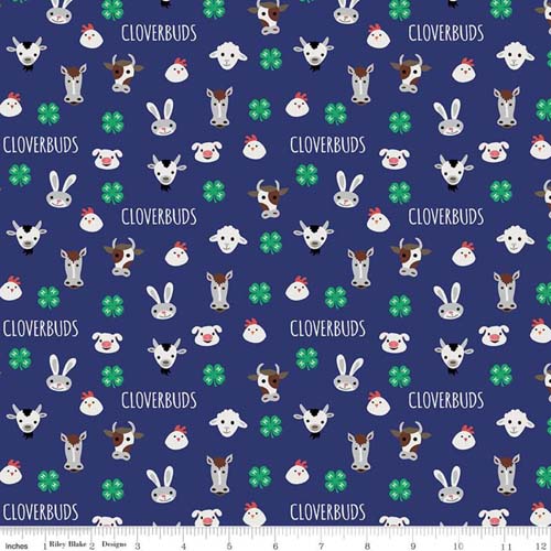 4-H - Cloverbuds - Blue - Cute Animal Heads Scattered With the 4-H Emblem &