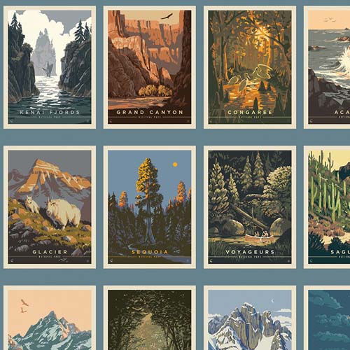 National Parks - Postcard - Blue - Rows of National Park posters