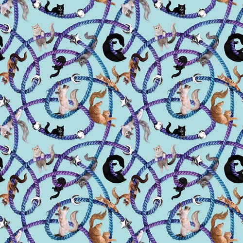Celtic Cats - Main - Aqua - cats entangled in yarn on aqua