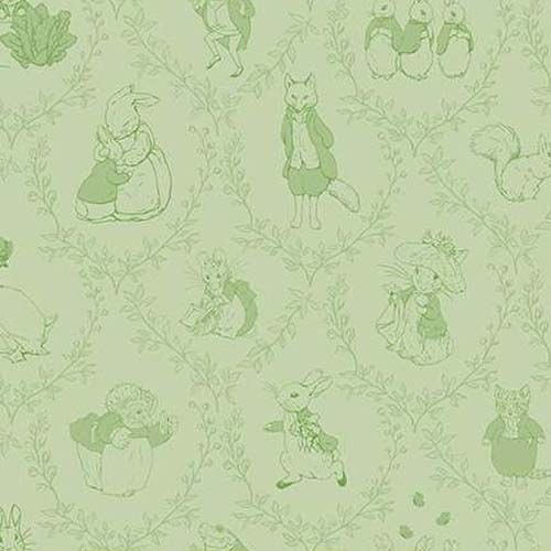 Peter Rabbit & Friends Flannel - Toile - Fern -tone on tone characters