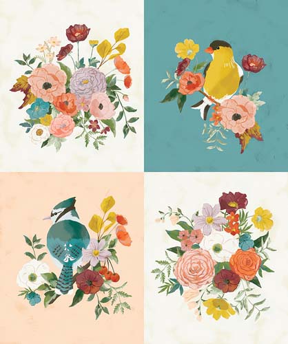 Winged Medley - 1yd. PANEL - - Birds & Bouquets - four patches 18 x 21approx