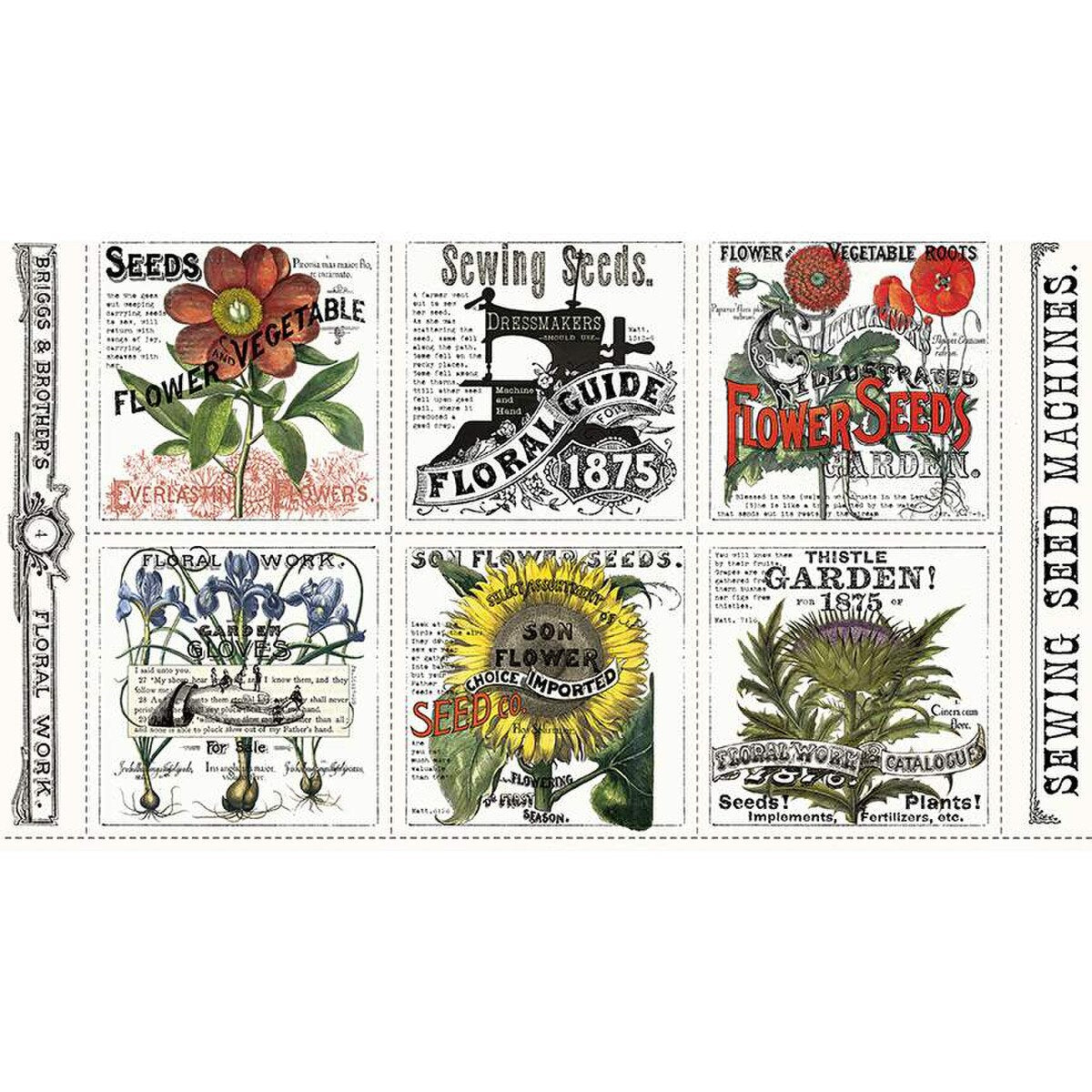 Sewing Seeds III - 24in. PANEL - Garden Patch Panel - 6 floral patches