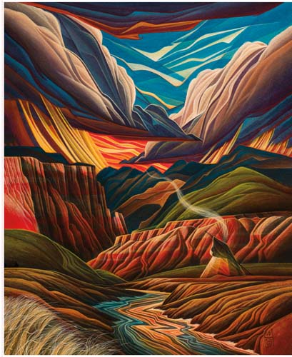 Western Reflections - 1yd. PANEL - Riverside Encampment - river & mountains