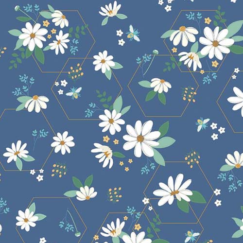 Daisy Fields - Daisies - Denimsparkle - White daisies on blue with gold accent