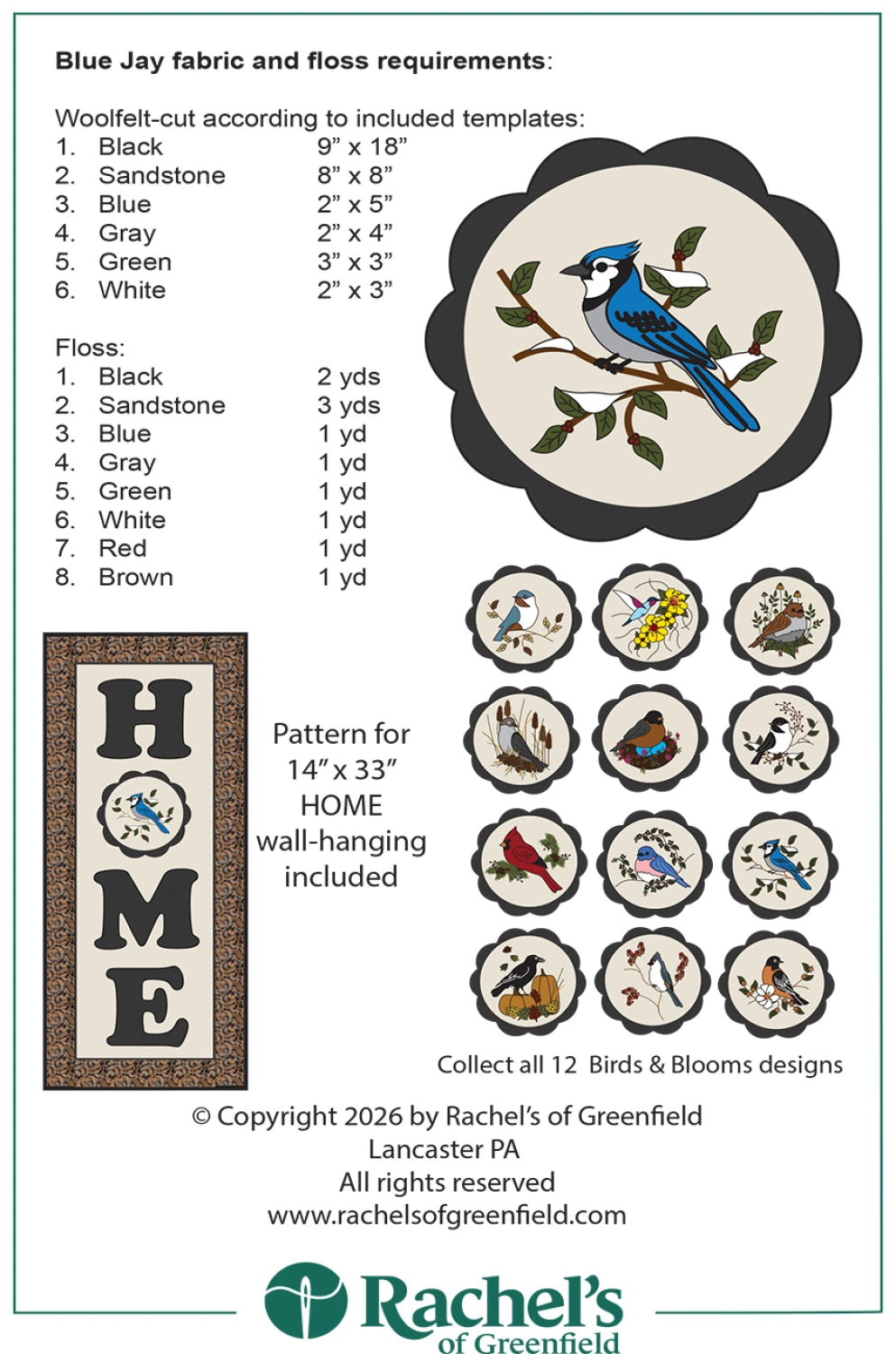 Rachel's of Greenfield - Birds & Blooms - Blue Jay - 8" mat Kit
