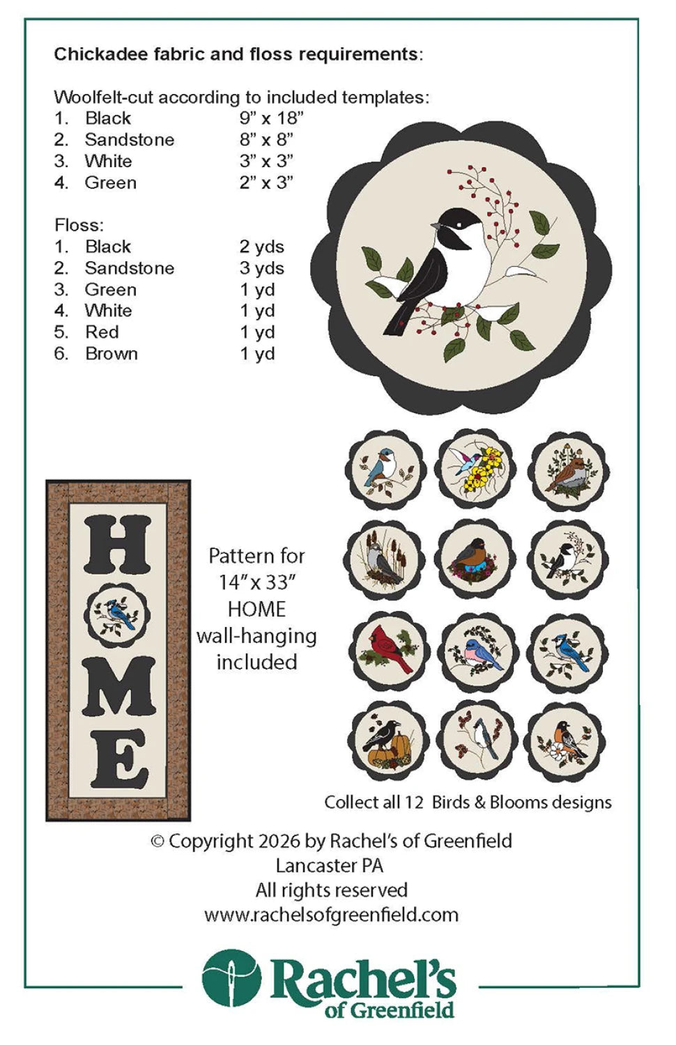 Rachel's of Greenfield - Birds & Blooms - Chickadee - 8" mat Kit