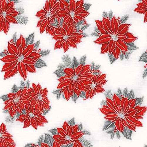 Holiday Charms - Poinsettias on white - Scarlet - with silver metallic accents