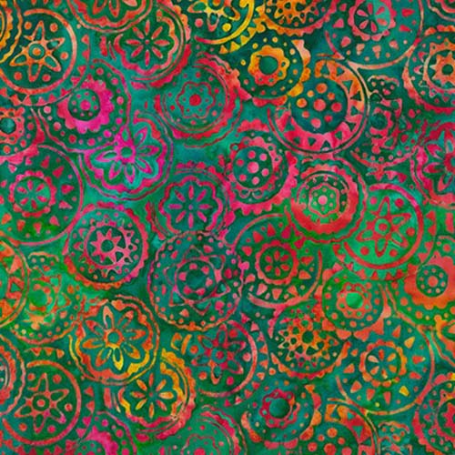 Artisan Batiks: Moodscapes -Bright - small red circle designs on green