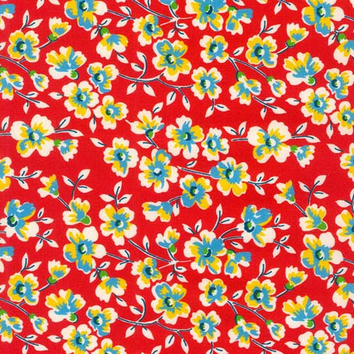 Flowerhouse: Sunnyside Farm -Red - Yellow& blue flowers on red - 1930s