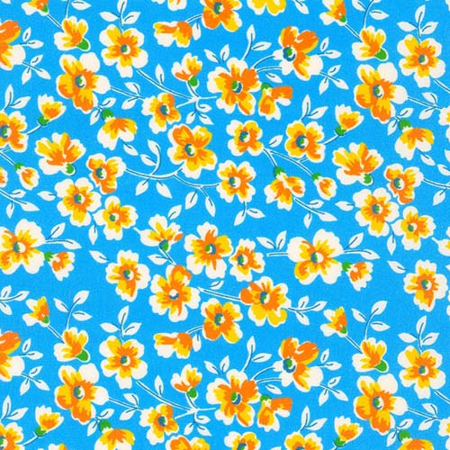 Flowerhouse: Sunnyside Farm - Blue - Yellow & orange flowers on blue - 1930s