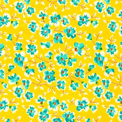 Flowerhouse: Sunnyside Farm -Yellow - turquoise flowers on yellow - 1930s