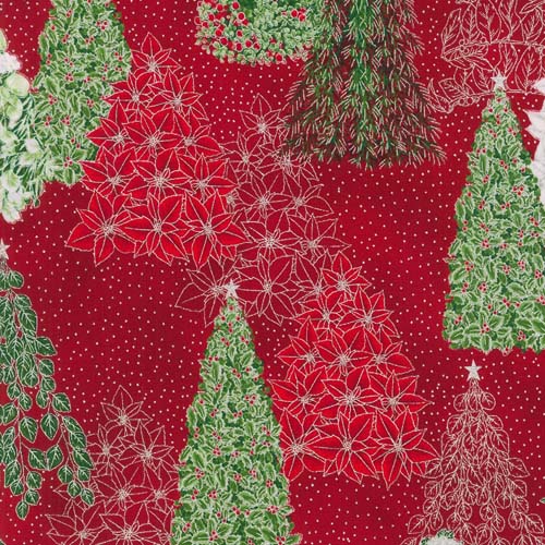 Holiday Flourish - Snow Flower- Burgundy - trees of greenery w/silver on red