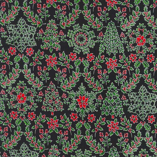 Holiday Flourish - Snow Flower- Onyx - greenery w/silver & red on black