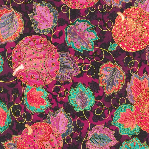 Jeweled Leaves - Aubergine - Colorful pumpkins & leaves on purple w/gold