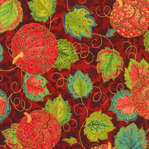 Jeweled Leaves - Crimson - Colorful Pumpkins & leaves on dk red w/ gold