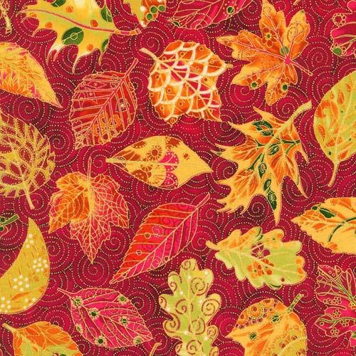 Jeweled Leaves - Crimson - orange & green leaves on red w/gold