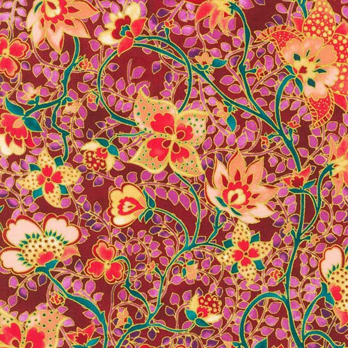 Jeweled Leaves - Fig - Coral flowers & purple vines on dk red w/ gold