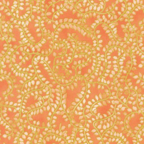 Jeweled Leaves - Coral - pink leafy vines on coral w/ gold metallic accents