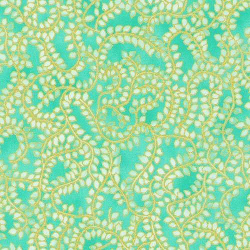 Jeweled Leaves - Aqua - Pale aqua leafy vines on aqua w/ metallic gold