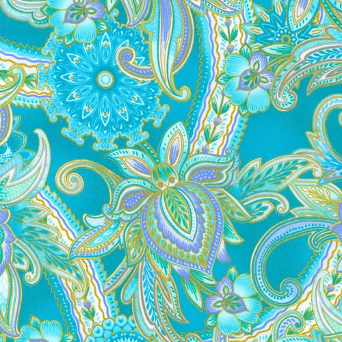 Jaikumari - Aqua - large aquafloral paisley design w/ gold metallic accents