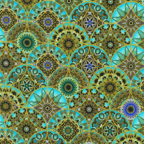 Jaikumari - Aqua - medallion design w/ black & gold metallic accents
