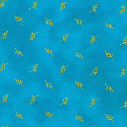 Jaikumari - Turquoise - Gold leafy branch tossed on turquoise