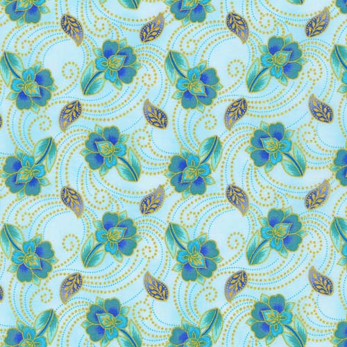Jaikumari - Sea Glass - tossed flowers on aqua w/gold metallic accents