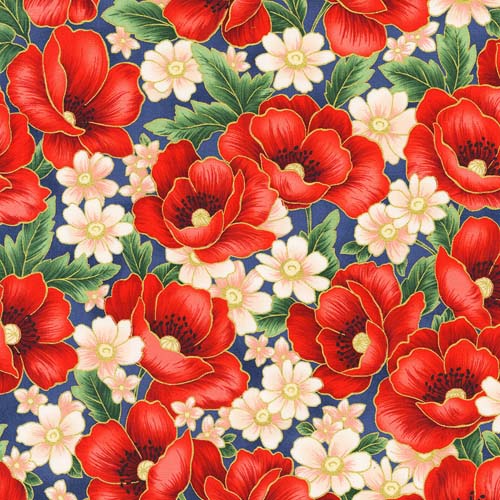 Poppy Hill - Bouquet- large packed red poppies on blue w/gold accents