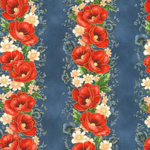Poppy Hill - Bouquet-  Poppy garland stripe on blue w/ gold accents