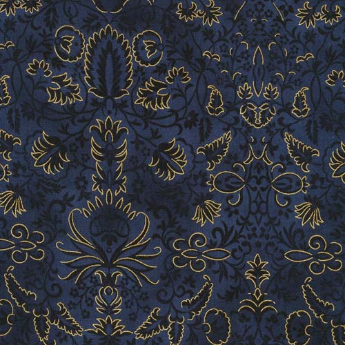 Poppy Hill - Midnight- Blue floral damask w/ gold accents - tone on tone