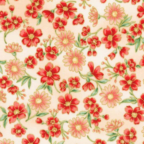 Poppy Hill - Primrose - pink & coral flowers on light pink w/ gold accents