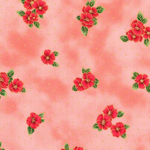 Poppy Hill - Coral- scattered red flowers on coral w/ gold accents