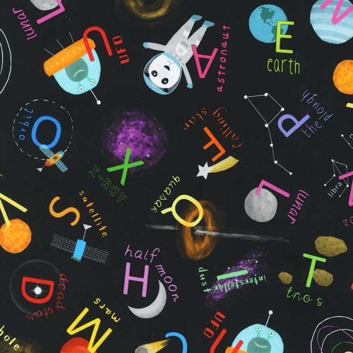 Space Adventure - Black - tossed space themed alphabet on black