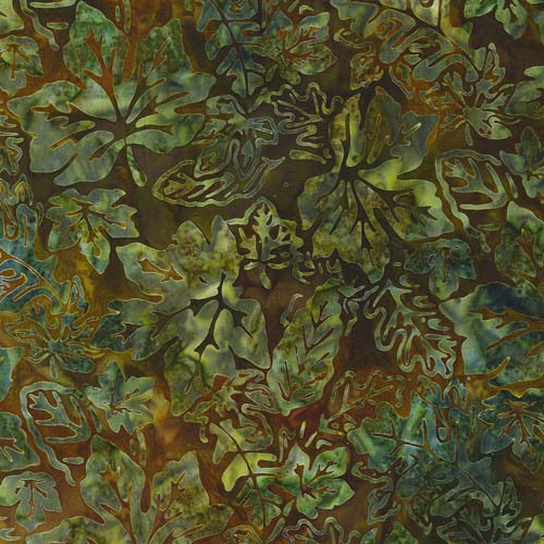 Batik - Artisan Batiks: Auburn - Jungle - green leaves on brown
