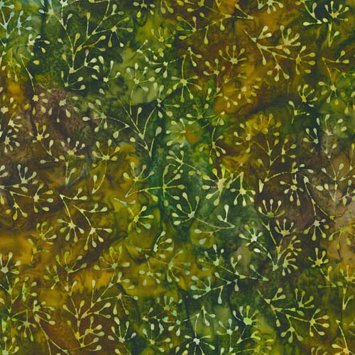 Batik - Artisan Batiks: Auburn - Olive - light green sprigs on dark green/brown