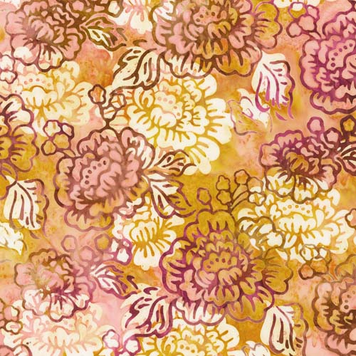 Artisan Batiks: Hermosa - Floral- Pink Nectar-large floral in brown, pink & gold