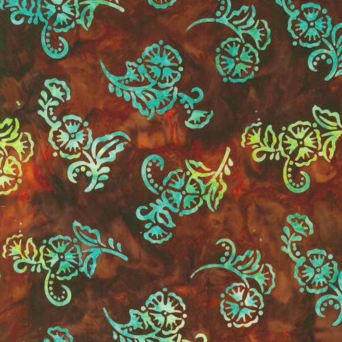 Artisan Batiks: Hermosa - Floral Sprig - Currant- turquoise floral on dk orange