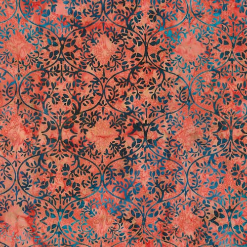 Artisan Batiks: Hermosa - Foliage Medallion - Coral- Teal vines on coral