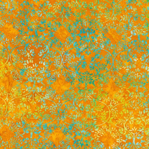 Artisan Batiks: Hermosa - Foliage Medallion - Goldfish- aqua vines on orange