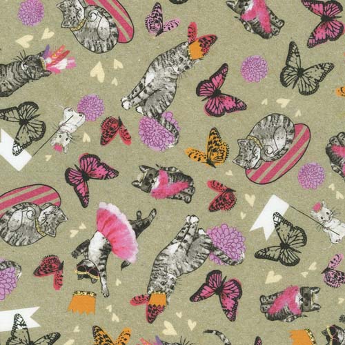 Fancypants - Natural - tossed fancy cats and butterflies on tan