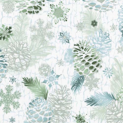 Wishwell: Winterstone - Pinecones - Frost - silver, blue & green on white
