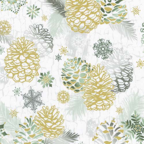 Wishwell: Winterstone - Pinecones - Winter - gold, green & gray on white