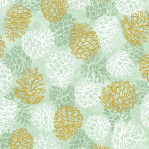 Wishwell: Winterstone - Sage - Pinecones - gold, white & green on pale green