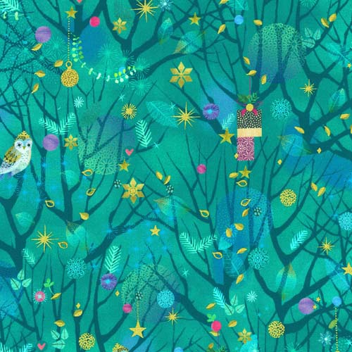 Holy Night - Forest Chatter -Teal - owls in trees on teal w/ gold metallic