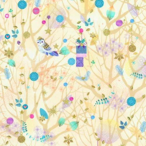 Holy Night - Forest Chatter -Cream - owls in trees on cream w/ gold metallic