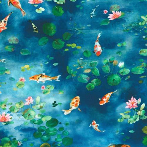 Lotus and Koi - Koi - Blue - Fish and water lilies on blue